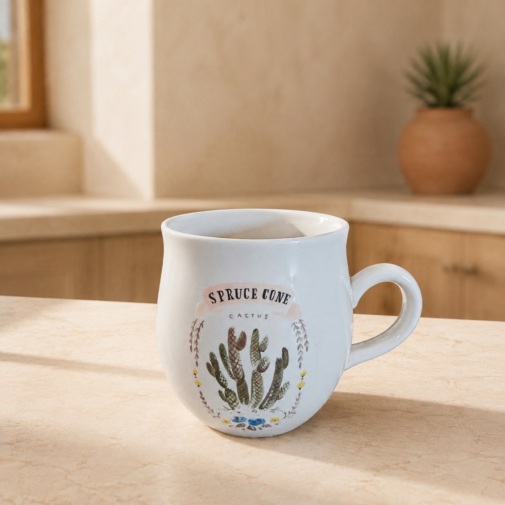 Creative Co-Op Angela Staehling Spruce Cone Cactus Ceramic Mug White Botanical